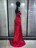 Women Sexy One Shoulder Shining Rhinestones High Split Floor-length Gowns Dress Evening Party Celebrate Red Carpet Wear
