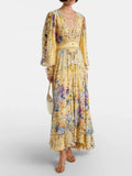 Yellow Floral Print Puff Sleeve Maxi Dress for Women Deep V Neck High Waist Asymmetrical Ruffle Hem Skirt for Garden Parties
