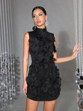 Spliced Appliques Elegant Dresses For Women Stand Collar Sleeveless High Waist Patchwork Zipper Mini Dress Female