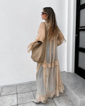 Solid Spliced Mesh Loose Dresses for Women V Neck Long Sleeve High Waist Loose Casual Dress Female New