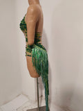 Luxurious Green Rhinestone Sheer Bodysuit Tassel Tail Ideal for Clubbing Festivals and Special Occasions Stage Performance