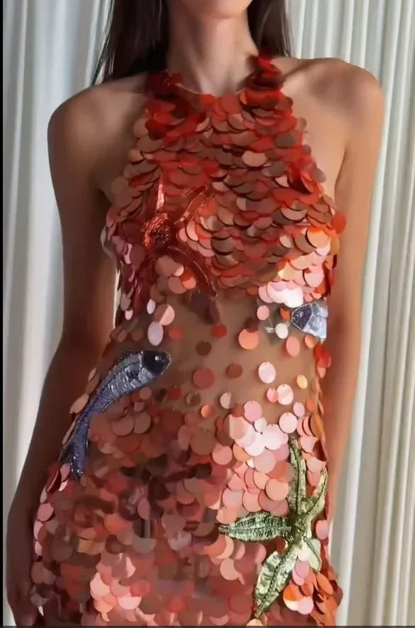 Women Orange Sequin Mini Dress Starfish Fish Applique Sheer Backless Halter Mesh Short Dress Lady Beach Party Vacation Vestidos