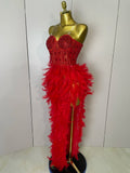 Women Sexy Elegant Evening Party Luxury Birthday Photo Shoot Performance Costume Sparkly Rhinestone Feather Mesh Long Dress