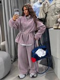 Multi Color Fleece Two Piece Outfit Womens Zip Up Drawstring Waist Pocket Jacket Lady Fall Winter Daily Streetwear Trendy Wear