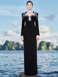 Sparkling Luxury Diamond Tassels Beads Long Sleeved Slim Maxi Dress Women'S Elegant Celebrity Evening Party Wedding Gowns