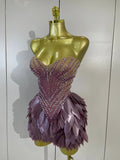 Sparkly Diamonds Leaf Sexy Mesh See Through Strapless Bodycon Dress Luxury Birthday Evening Party Outfit Nightclub Stage Costume