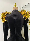 Women Sexy Sparkly Crystals 3D Sequined Stars Velvet Long Sleeve Bodysuit Nightclub Performance Dance Costume Singer Stage Wear