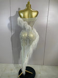 New Sparkly Rhinestone Off The Shoulder White Mesh See-Through Long Dress Sexy Eveing Party Birthday Nightclub Stage Costume