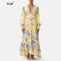 Yellow Floral Print Puff Sleeve Maxi Dress for Women Deep V Neck High Waist Asymmetrical Ruffle Hem Skirt for Garden Parties