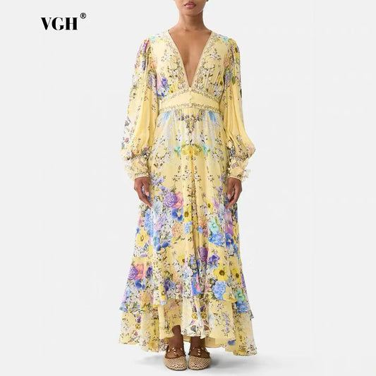 Yellow Floral Print Puff Sleeve Maxi Dress for Women Deep V Neck High Waist Asymmetrical Ruffle Hem Skirt for Garden Parties