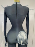 Sexy Sparkle Diamond Long Sleeves Printed Stretch Jumpsuit Eveing Birthday Party Luxury NightClub Stage Costume Festivals Outfit