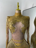 Women Sexy Long Sleeve Spandex Beading Tassels Skiny Bodysuit Performance Dance Costume Nightclub Party Outfit