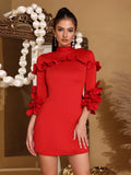 Spliced Appliques Slim Mini Dresses For Women Stand Neck Slim Temperament short Dress Female