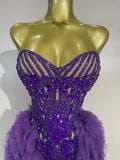 Sexy Purple Mesh See Through Purple Long Sleeves Mini Dress Luxury  Diamonds Birthday Evening Party Bar Nightclub Stage Costume