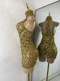 Luxury Sparkly Rhinestone Shining Sequins Women Sexy Transperant High Neck Bodycon Mini Birthday Dress Party Performance Costume