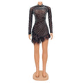 Sexy Pearls Rhinestone Party Dresses Women Elegant Nightclub Feather Birthday Dress Long Sleeve Mesh Sheer Bodycon Dress
