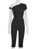 Sexy Irregular Knot 2-Piece Set Women Diognal Collar Crop Top+Capri Pants Stylish Solid Hottie Street Slim Outfits