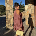 Off The Shoulder Short Dress Female Stand Collar Long Sleeve Ruched Waist Ruffles Dresses for Elegant Retro Date