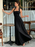 Solid Square Neck Around The Neck Maxi Dress Slim Fit Sleeveless Backless Long Gowns Elegant Women's Dinner Guest Evening Robes
