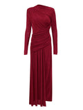 Elegant Slim Fit Folds Irregular Long Dress Fashion Women Long Sleeve Diagonal Collar Robes 2025 Chic Party Banquet Wear