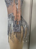 Sparkly Crystal Diamond Sexy Sheer See Through Shining Tassels Dress Long Sleeve Prom Dress Birthday Party Performance Dress