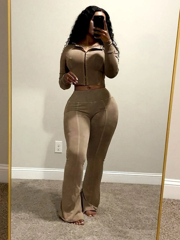 Distressed Women Two Piece Set Tracksuit Zip Hooded Jacket+Waistband Flare Pants Streetwear Matching Stripe Outfits