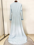 Elegant Long Sleeve Stand Sequin Slim Long Dress Women Pink Sky Blue Maxi Dresses Formal Eveing Party Club Gowns