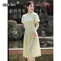 Olive Girl Green Dramatic Qipao for Ren Faire 2026 Garden Wedding Fairycore Photoshoot Everyday Wear S-XXL XS-3XL Plus Size Dramatic Silhouette Romantic Cottagecore Garden Party Editorial Not Costume Chinese Heritage Fashion Women