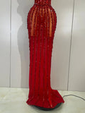 Luxury Sparkly Red Diamond Sexy Strapless Mesh See Through Long Dress Evening Party Birthday Nightclub PhotoShoot Stage Costumes