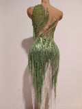 Women One Shoulder Sexy See-Through Sparkly Rhinestones Tassel Green Dress Latin Dance Outfits Bar Nightclub Party Stage Costume