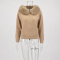 Women Hooded Knit Cardigan Sweater Coat Fluffy Faux Fur Collar Two Way Zip Solid  Loose Casual Jacket 2026 Autumn Winter
