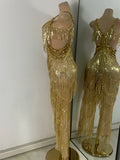 Sparkly Diamonds Sequins Fringes Luxury Jumpsuit Gold Sleeveless Mesh Performance Dance Costume Nightclub Singer Stage Rompers