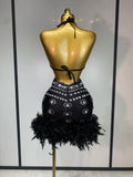 Women Sexy Halter Crystal Feathers Bodycon Mini Dress Nightclub Performance Stage Outfit Luxury Birthday Photo Shoot Dress