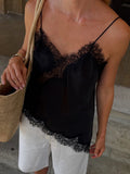 See Througth Lace Edge Tank Tops for Women V Neck Sleeveless Pathwork Hollow Out Sexy Fashionable Vest Female New