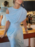Patchwork Shawl Bodycon Party Maxi Dresses for Women O Neck Short Sleeve High Waist Evening Temperament Folds Dress Female