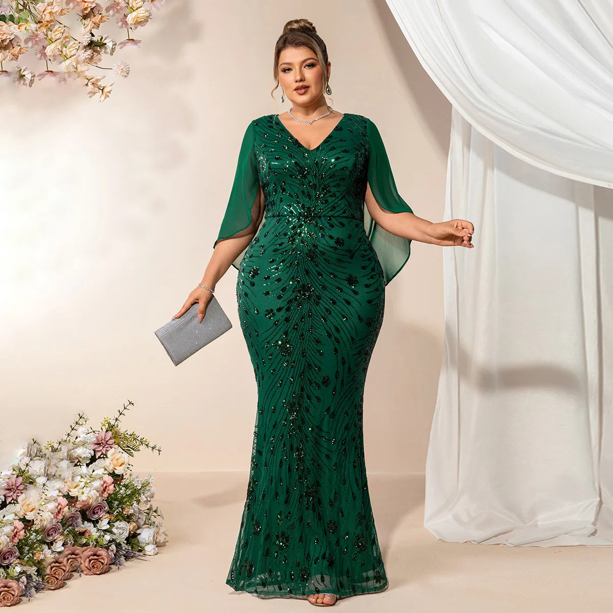 2026 Plus Size Luxury Green Evening Dresses Women Chiffon Sleeve Mermaid Formal Sequins Prom Wedding Party Cocktail Gowns