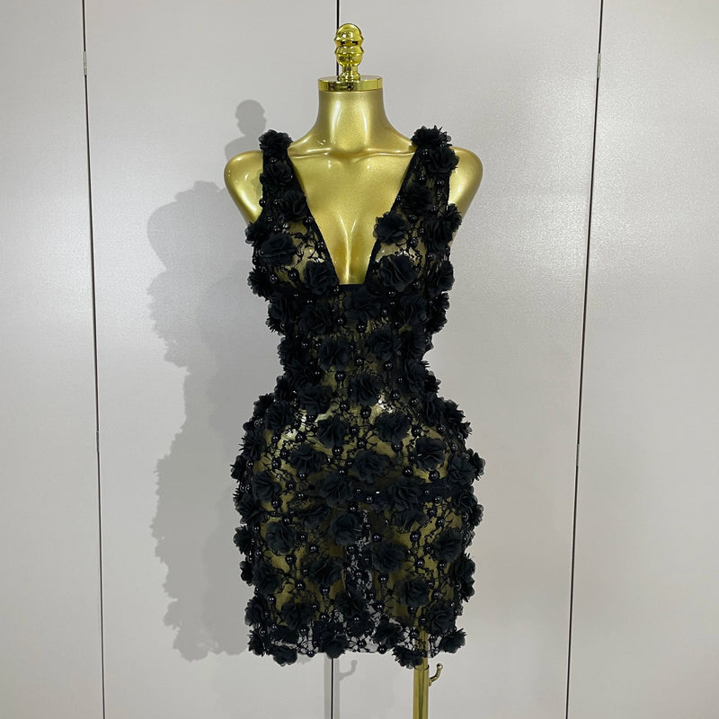 WomenBlack Pearl Flower Mesh Sexy See Through Mini Dress Evening Party Club Birthday Dress Nightclub Photoshoot Stage Costumes