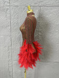 Red Pink Slim-fit Feather-Trimmed Sheer Dress Sexy Performance Costume Dance Party Singer Stage Nightclub Luxury Outfit