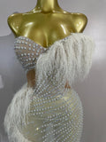 New Sparkly Rhinestone Off The Shoulder White Mesh See-Through Long Dress Sexy Eveing Party Birthday Nightclub Stage Costume