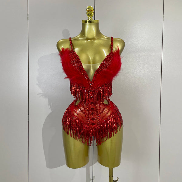 2026 New Sexy Nightclub Bar DJ Performance Dancer Stage Costume Sparkly Rhinestones Feathers Tassels Mesh See Through Bodysuits