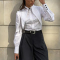 French Simple White Shirt for Women Notched Collar Long Sleeve Fashionable Commuter Cardigan Blouse Female Autumn