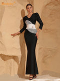 Women Celebrity Sexy Long Sleeve Patchwork Black Maxi Long Bodycon Bandage Dress 2024 Elegant Evening Club Party Outfit