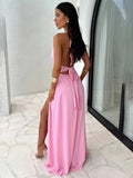 Halter Backless Maxi Dress For Women Lace Up Plunge Higt Waist Split Sexy Holiday Long Dress Elegant Club Party Vestidos