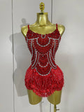 Sparkly Silver Rhinestones Pearl Tassels Bodysuit 2025 New Women Sexy Eveing Birthday Party Nightclub Stage Performance Costume
