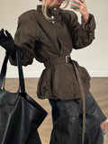 Casual Daily Wear Coffee Trench Coat for Women Stand Collar Buttons Design Belt Accent Oversized for Street Style