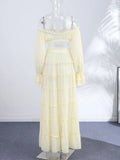 Sexy Off Shoulder Top Maxi Skirt Sets Chic Ruffled Sheer Chiffon Crop Tops High Waist Skirt 2026 New Lady Vacation Party Outfit