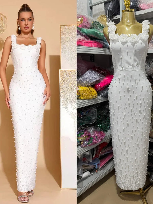 Sexy White Dress With a One-Shoulder Collar, Flower And Pearl Decoration, Tight Bandage And Long Dress For Evening Wear