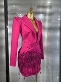 Handmake Women Long Sleeve Golden Beading Deep V-Neck Bodycon Mini Dress Celebrate Birthday Photo Shoot Performance Costume