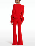 Red V-Neck Irregular High Waisted Blazer Suit Jacket High Waisted Long Pants Set Formal Women'S Two-Piece Set