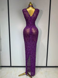 Sparkly Gold Rhinestone Sleeveless Stretch Long Dress Women Sexy Mesh Celebrate Evening Prom Birthday Dress Photo Shoot Wear